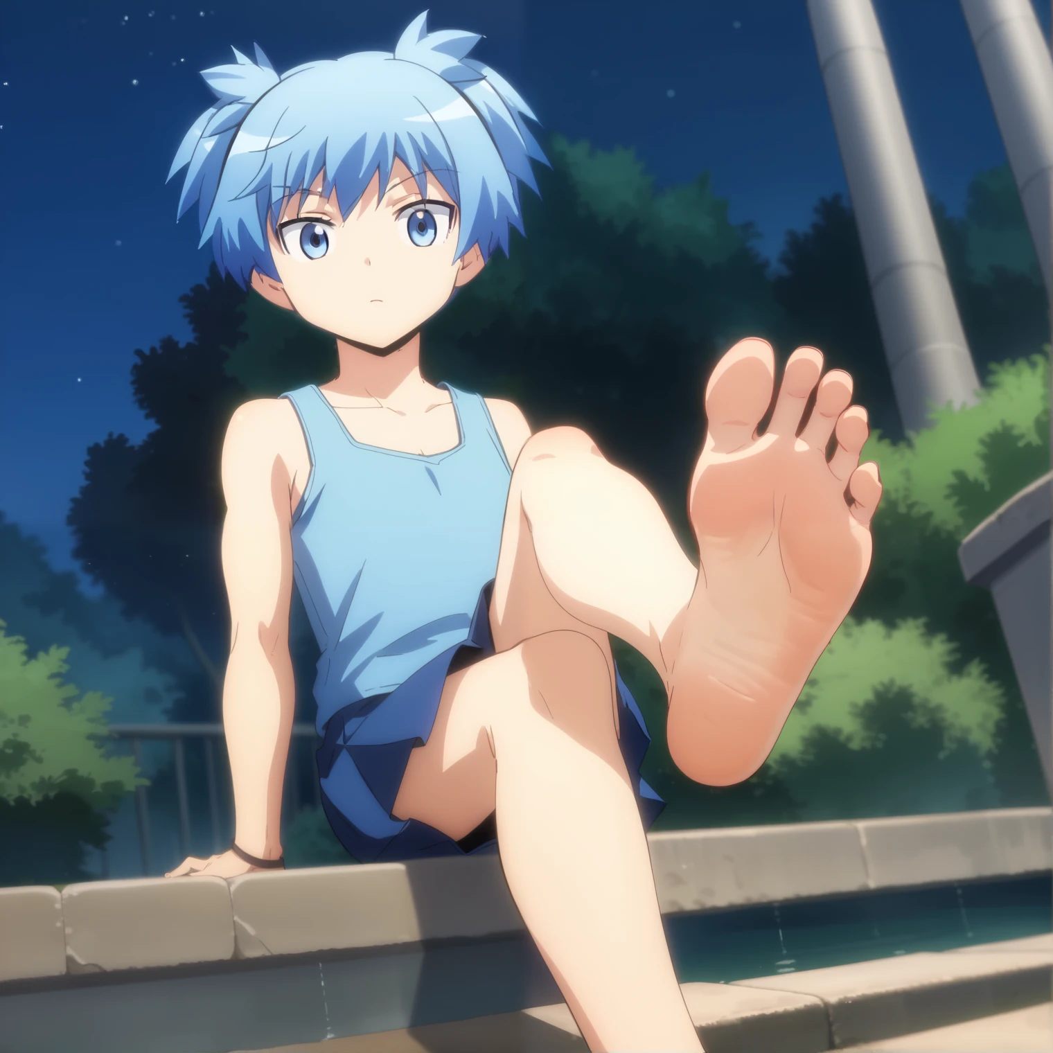 Score_9, score_8_up, source_anime, 1boy, Nagisa Shiota, big eyes, alone, looking at viewer, in the garden, night, sitting, cowboy shot, ANIME SCREENCAP, anime coloring, barefoot, perfect feet, anatomically correct, soles, low angle, focal length 35mm, each foot has five toes, front, symmetrical soles, foot focus, blue skirt, blue tank top, blue hair