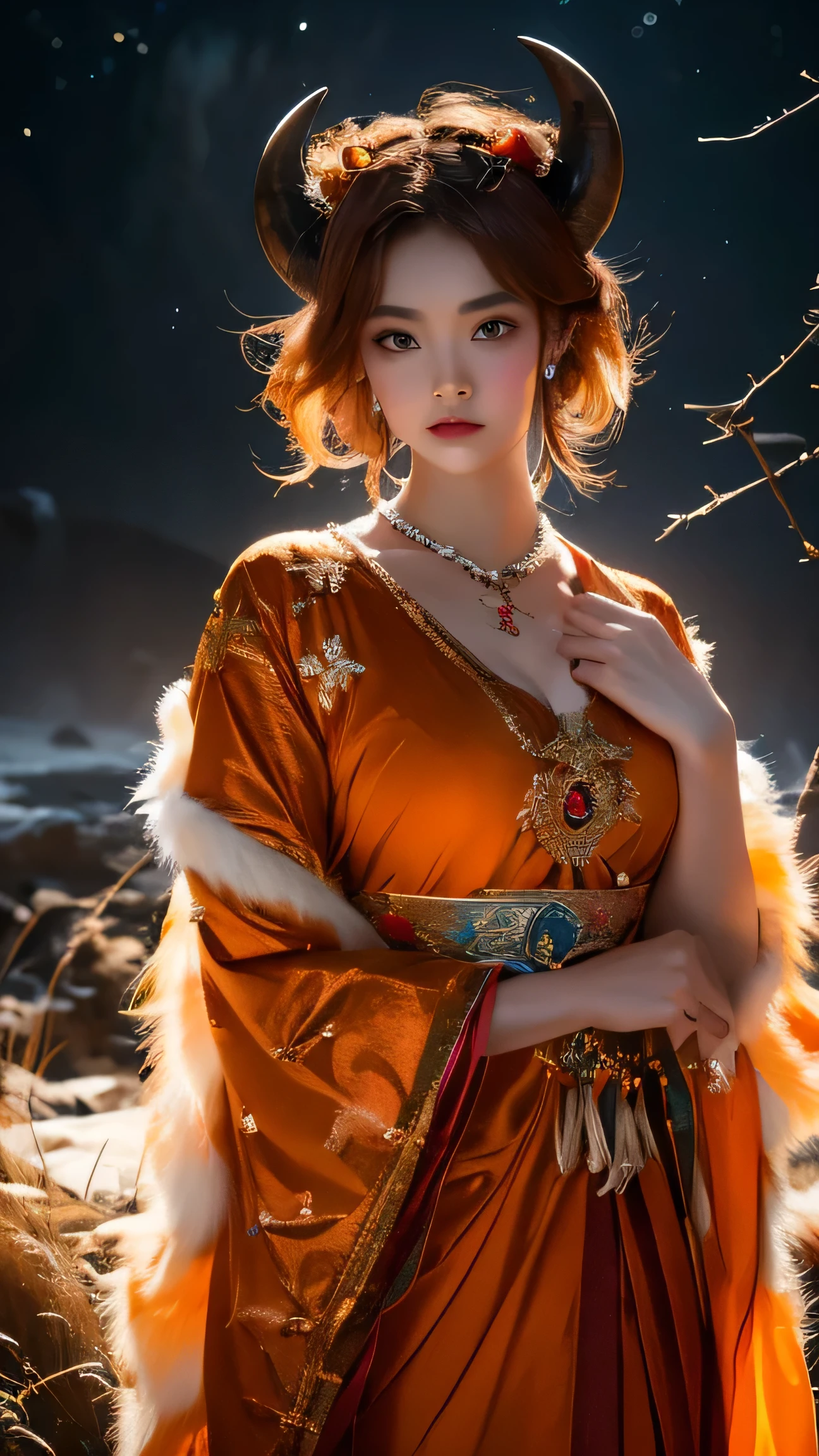 A stunningly beautiful and divine goddess as young Japanese girl draped in a long, silky, and lustrous orange dress. She holds an intricately decorated, massive bow and arrow with an air of regal confidence. Her short orange hair glows like fire, and straight goat horns rise majestically from her head, accentuating her celestial presence. She gazes at the viewer with a sharp, challenging look, exuding an aura of power and authority. The background features a highland bathed in a mystical atmosphere, with a massive crescent moon and a starlit night sky, enhancing the majestic and ethereal mood.