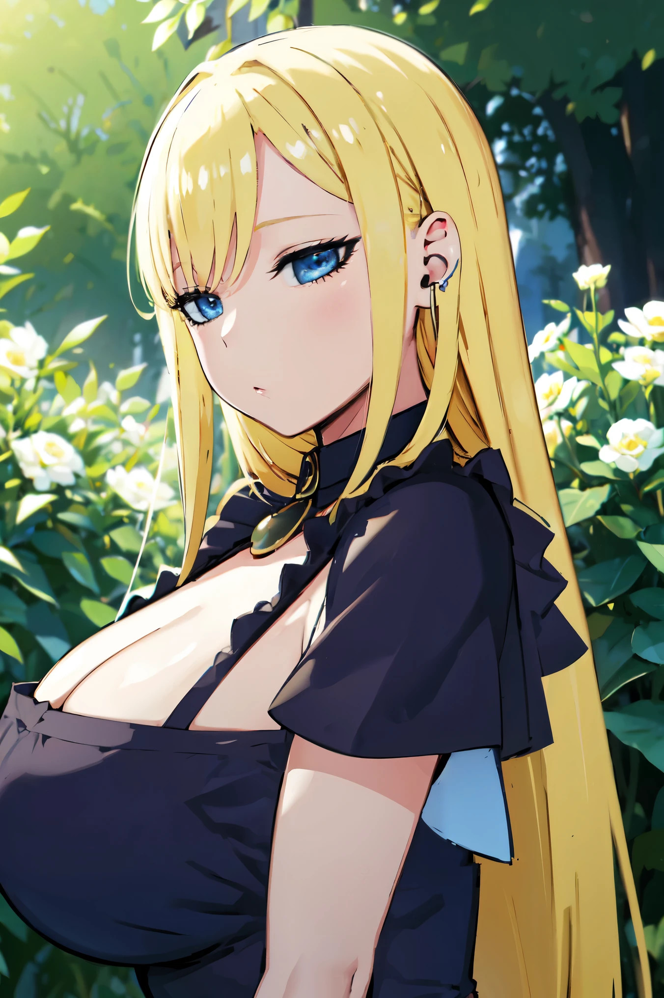 Blonde hair, huge tits   , (((black dress, toplesss))),  thick, busty, blue eyes, ((upperbody)), emotionless, cleavage, flower garden