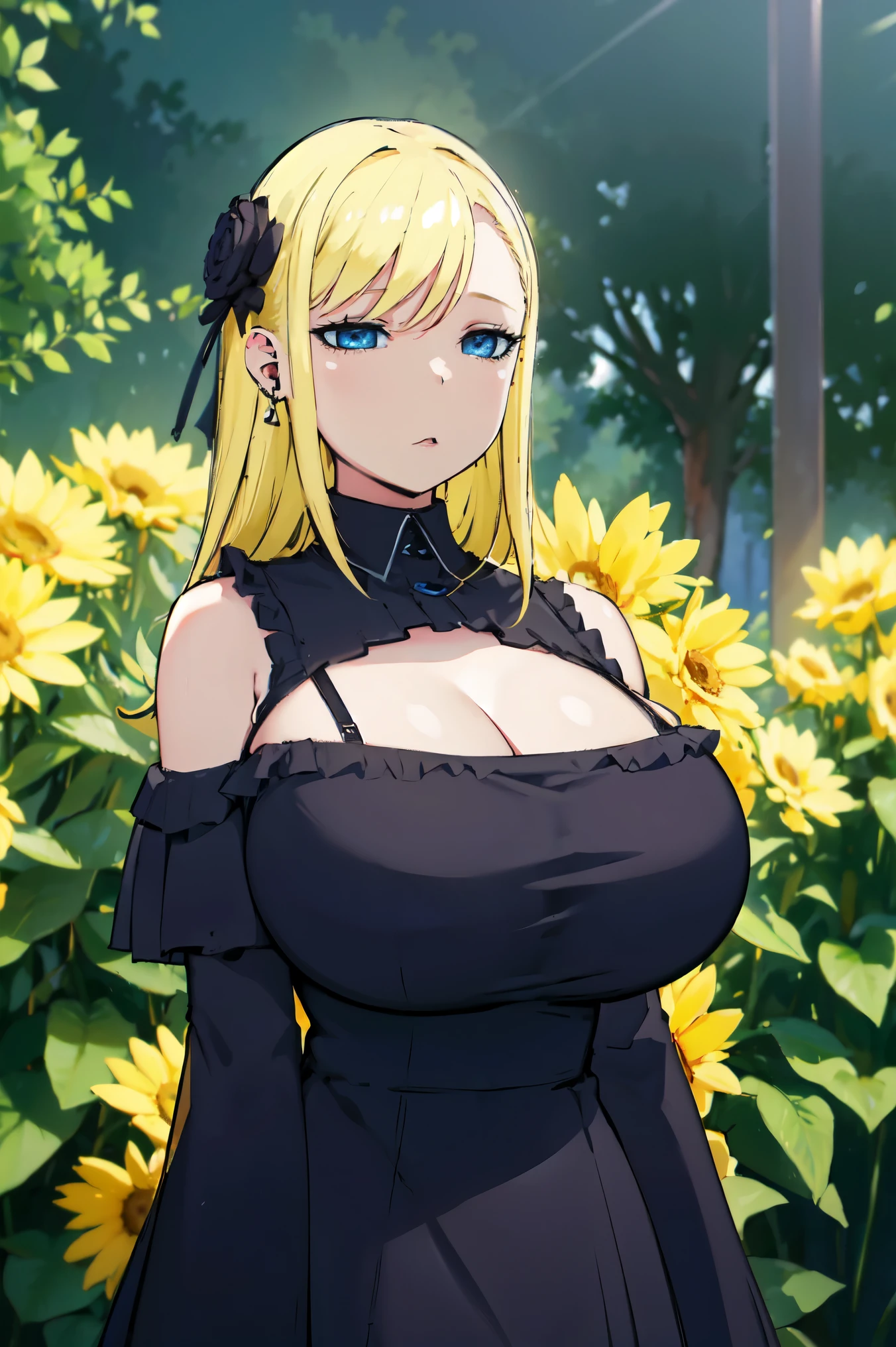 Blonde hair, huge tits   , (((black dress, toplesss))),  thick, busty, blue eyes, ((upperbody)), emotionless, cleavage, flower garden