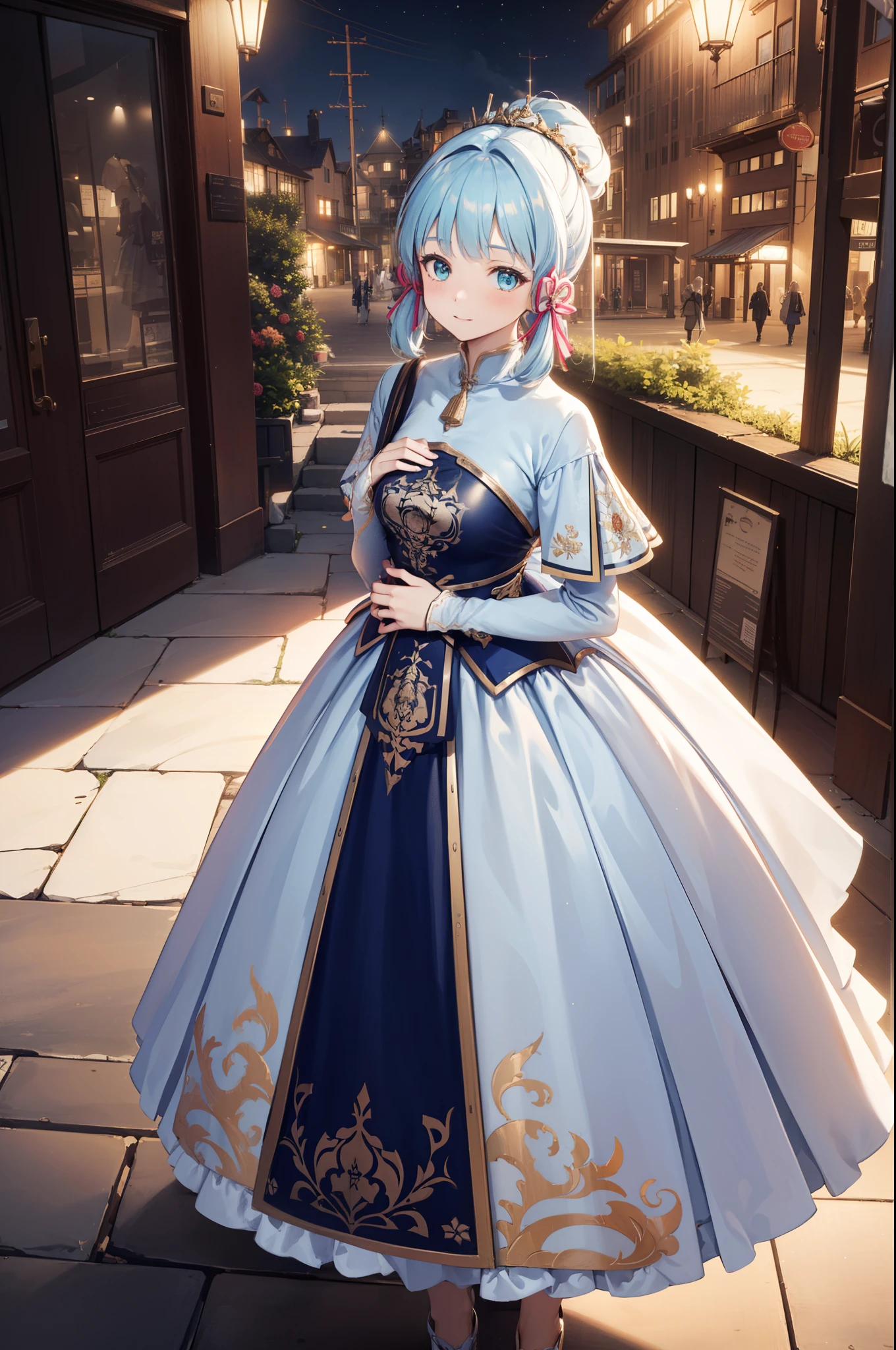(Best quality,4K,8K,high resolution,masterpiece:1.2),Teen Girls,Obsessed,have fun,in love,Light princess dress,Wedding Dress,White No Smell, clothes,A little aqua blue fabric,A little lace,A few white wrinkles,Exquisite clothing,Starry Sky,Alone,night