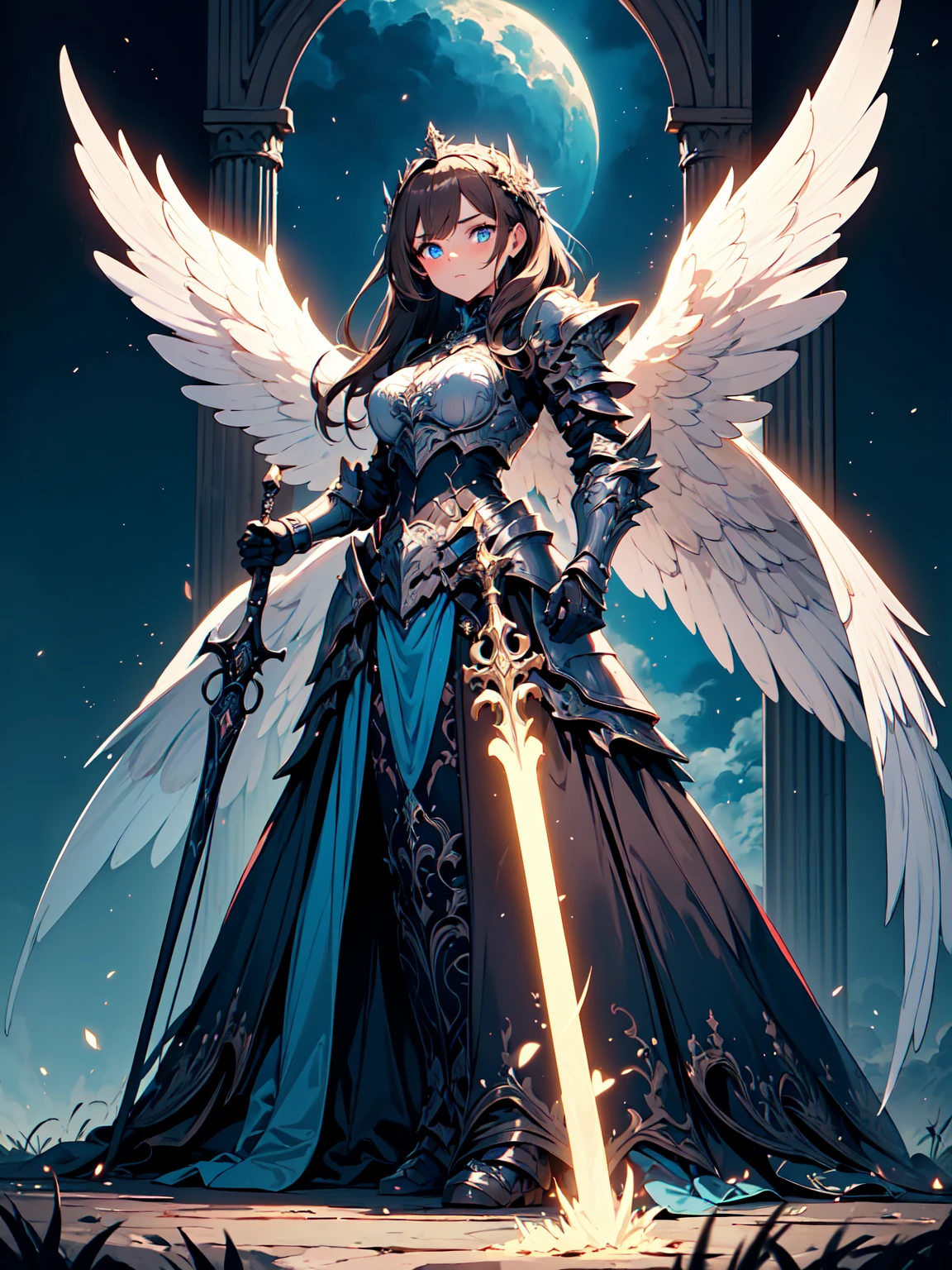 (((masterpiece)))(((highest quality)))(((8k resolution))) queen power armor , (gothic style), (full body shot1.2) , bellybutton, The most beautiful and sexy angel goddess, long light brown hair, glowing blue eyes, wearing intricate white gothic battle armor, angel wings, gothic castle. ((perfect illumination))