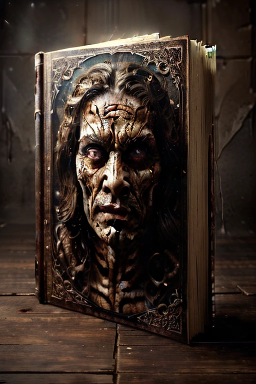 Out of the book cover comes a hideous evil monster that looks like a demon from hell. He is reaching through from one dimension to another. He appears in 3d to be coming straight out of the book's cover. Dark side art. The scariest book cover that was ever made. Horrific, startling, spooky, creepy, wicked, haunted. Photorealistic, cinematic lighting, cinematic photography, portrait, backlighting,  masterpiece.