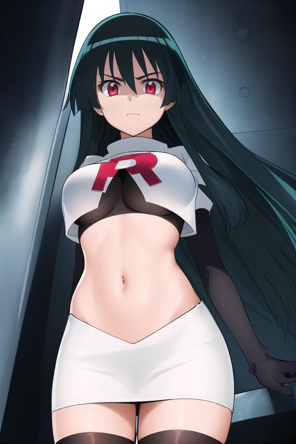 akame (akame ga kill!), (masterpiece, best quality, wallpaper), (((extremely detailed, intricate details, lush detail, insanely detailed face, beautiful red eyes, shiny skin, sharp eyes))), team rocket,team rocket uniform,white skirt,red letter R,crop top,black thigh-highs,black elbow gloves, (very long hair))), (((solo, 1girl, facing viewer))), black hair, ((medium breasts)),