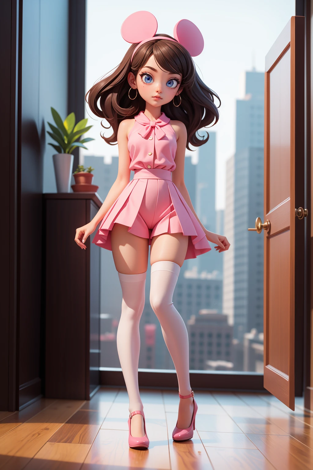 Minnie mouse standing, sexy beautiful face, doe shape eyes, full lips. slim body, breathtaking beauty, vibrant, comprehensive cinematic, 8k, cinematic lighting, best quality, 4k, perfect body, perfect long legs, (white stockings), ((pink outfit)), tiny body, slim body, tiny waist, long brown hair