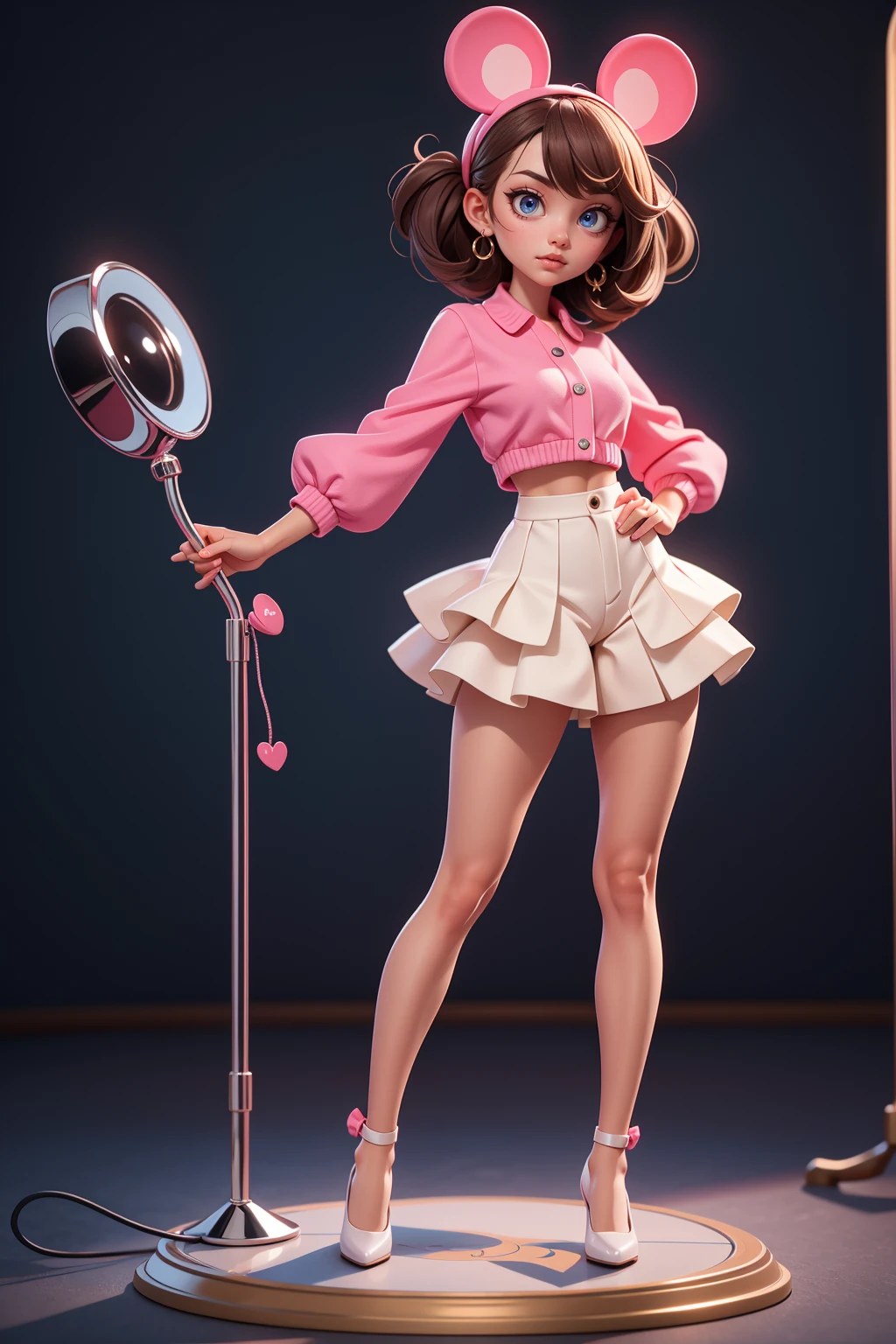 Minnie mouse standing, sexy beautiful face, doe shape eyes, full lips. slim body, breathtaking beauty, vibrant, comprehensive cinematic, 8k, cinematic lighting, best quality, 4k, perfect body, perfect long legs, (white stockings), ((pink outfit)), tiny body, slim body, tiny waist, long brown hair