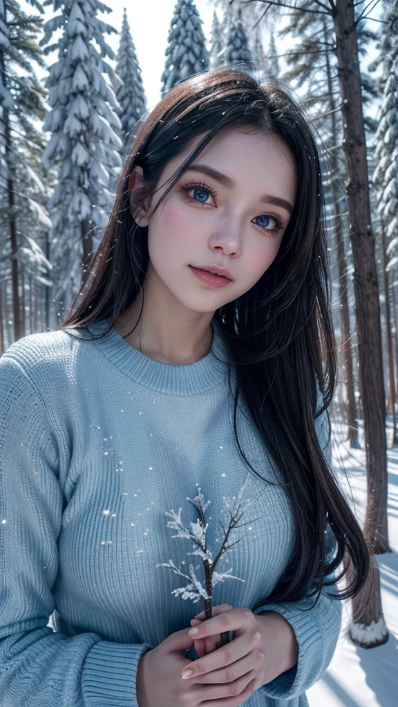 TeEn girl, evil, teenager(1.3),13 years old, teen girl, black hair and blue eyes, detailed face, angelical face, topless, small breasts, nude, background in snow in prussia