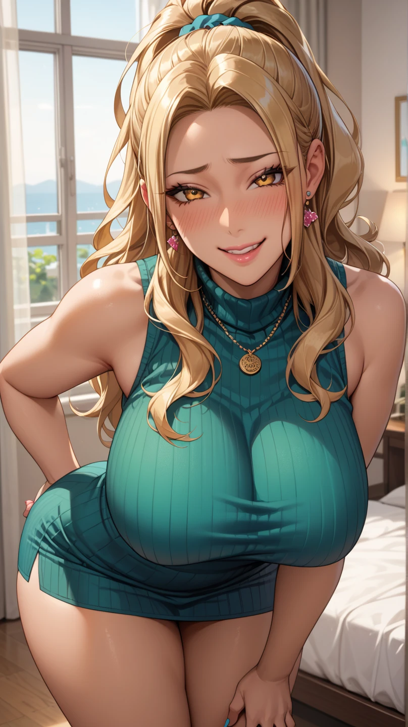 Score_9, Score_8_up, Score_7_up, Score_6_up, Score_5_up, Score_4_up, Source_anime, Tag1, Tag2, Quality_masterpiece, Anatomically correct, Beautiful face, Perfect face, Highly detailed beautiful face and eyes, Attractive face, Detailed face, Delicate facial features, Detailed skin, Huge breasts, Curvy, Voluptuous, Wide hips, Huge butt, Gargantuan butt, Thick thighs, Fat body, Long hair, Blonde hair, Sidelocks, Parted bangs, High ponytail, Yellow eyes, Slutty, Gyaru, Seductive smile, Naughty face, Embarrassed, Blush, Shy, Drunken eyes, Looking pleasured BREAK Rating_questionable, Close-up, Upper body, Looking at viewer, Standing, Leaning forward, Hand on own hip, Hand on knees, Sleeveless turtleneck, Ribbed sweater dress, Hotel room, Bedroom