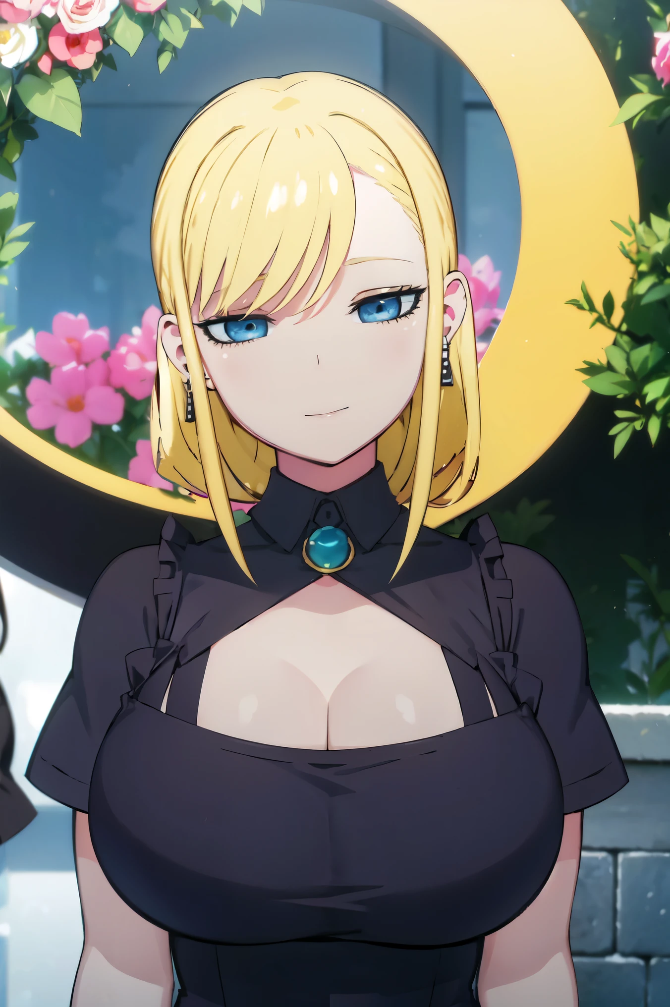 Blonde hair, huge tits, smile   , (((black dress, toplesss))),  thick, busty, blue eyes, ((upperbody)), emotionless, cleavage, flower garden