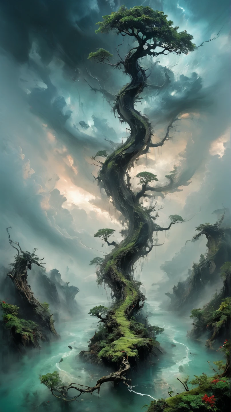  alien landscape , ( Through thick dense clouds and clouds makes its way high into the sky ( A sprawling dry tree in the shape of a dragon tail ))  vines descend ,  to a lake with clear dark water and a shallow bottom , algae grow , ( sharp black rocks in the shape of dragon tails ) , ( The water shows the large dorsal fin of a large fish ),  intricate , Beautiful, full color, masterpiece,  better quality,  ultra high resolution, art, (abstract art:1.1).