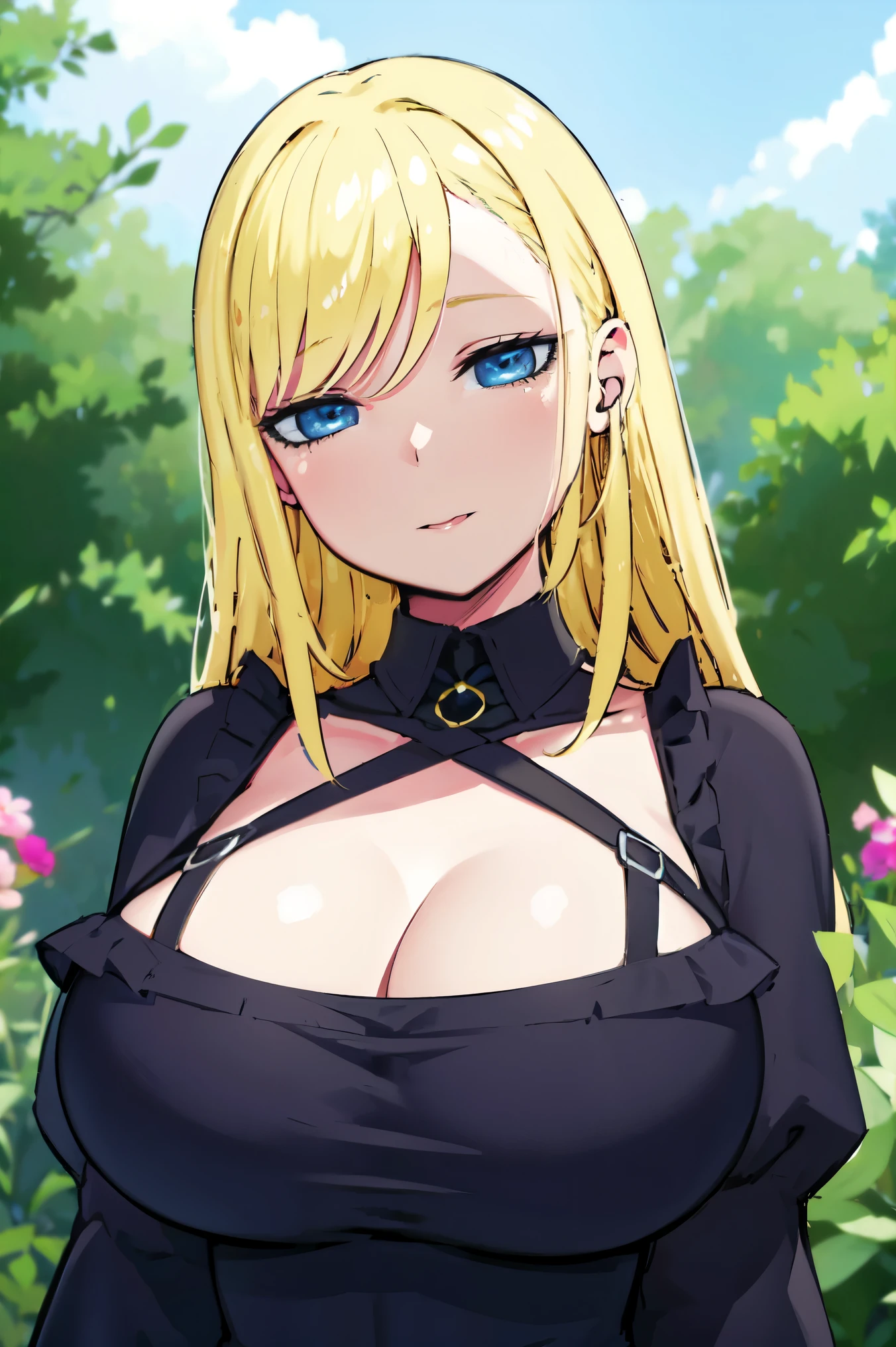 Blonde hair, huge tits, smile   , (((black dress, toplesss))),  thick, busty, blue eyes, ((upperbody)), emotionless, cleavage, flower garden