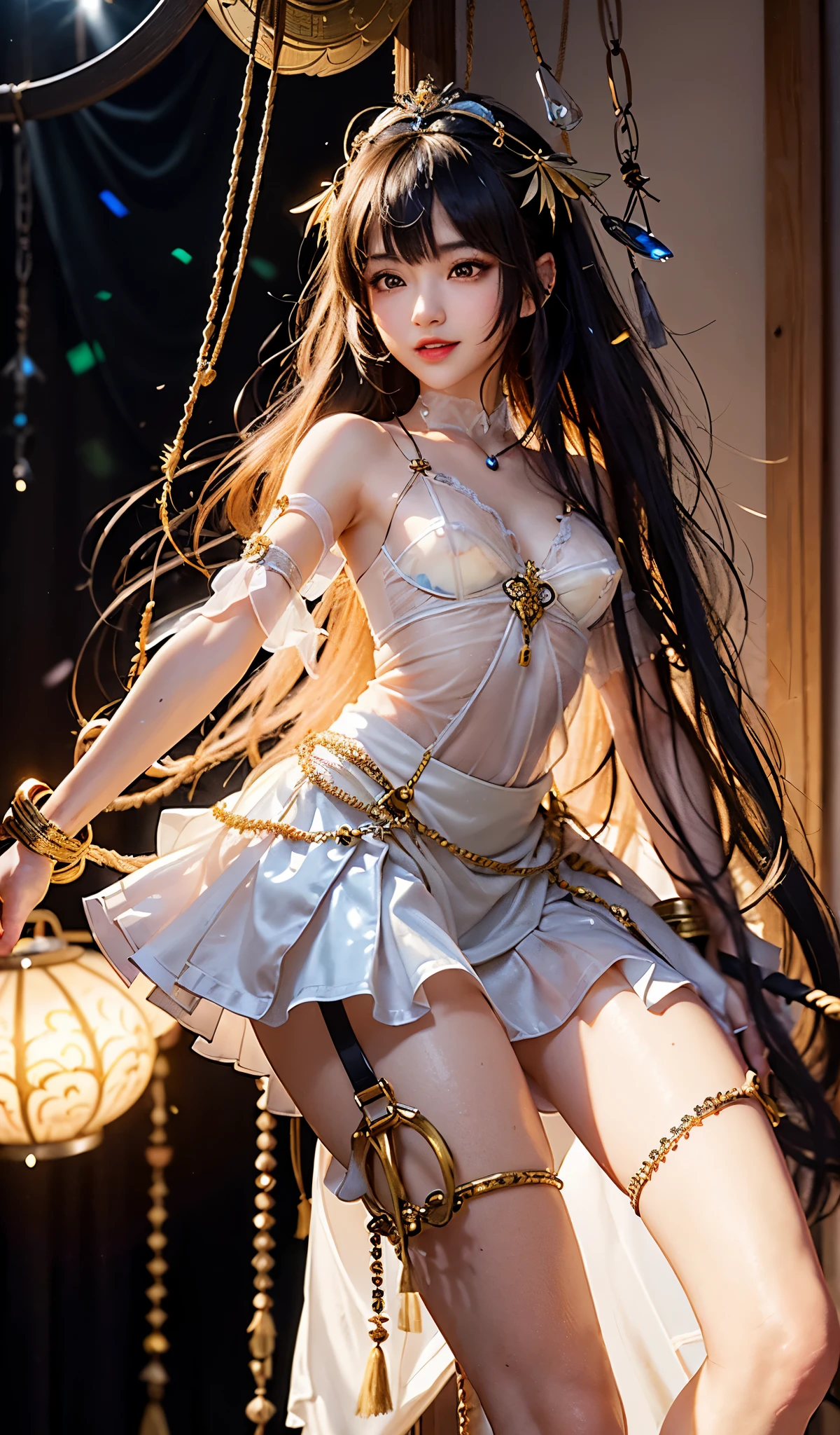 (dynamicposes:1.4)、 (dynamic ungle:1.4)、hyper detailed background、(Near Future City:1.2)、((top-quality、8K、masterpiece:1.3))、1girl in、A smile、full body Esbian、Slim Faces、Pretty women、(Silvery hair:1.1)、hyperdetailed face、A detailed eye、二重まぶた、blured background、Slim Faces、Cute、extremely delicate and beautiful、A mischievous grinning face、Overall、ultra-detailliert、4K、masutepiece、small mouth、((Colossal tits))、(magicalgirl、Leotard、frilld、highleg、Strapless、Strapless Bras:1.4)、hime-cut、Small smiling mouth、a small face、low angles、(pantyshot:1.1)、