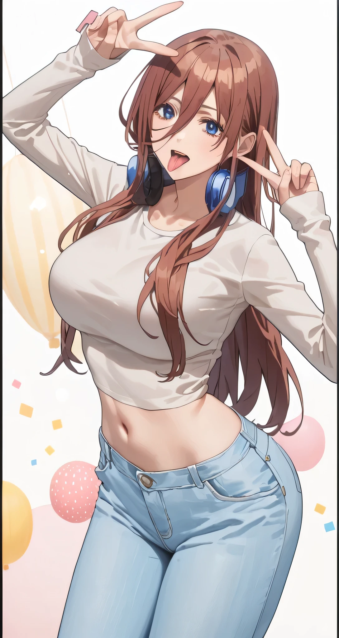 Fit girl,score_9, score_8_up, score_7_up, score_6_up,
uncensored,
1girl, miku nakano, long hair, bangs, blue eyes, brown hair, shirt, hair between eyes, huge breasts,
headphones, headphones around neck, 1girl, solo, jeans, pants, long_hair, denim, v, breasts, tongue, brown_hair, navel, midriff, double_v, tongue_out, looking_at_viewer, brown_eyes, shirt, crop_top, long_sleeves, bangs, open_mouth, large_breasts, grey_shirt, collarbone, cowboy_shot, blue_pants