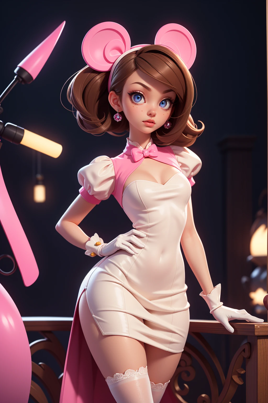 Minnie mouse standing, sexy beautiful face, doe shape eyes, full lips. slim body, breathtaking beauty, vibrant, comprehensive cinematic, 8k, cinematic lighting, best quality, 4k, perfect body, perfect long legs, (white stockings), ((pink dress)), tiny body, slim body, tiny waist, long brown hair