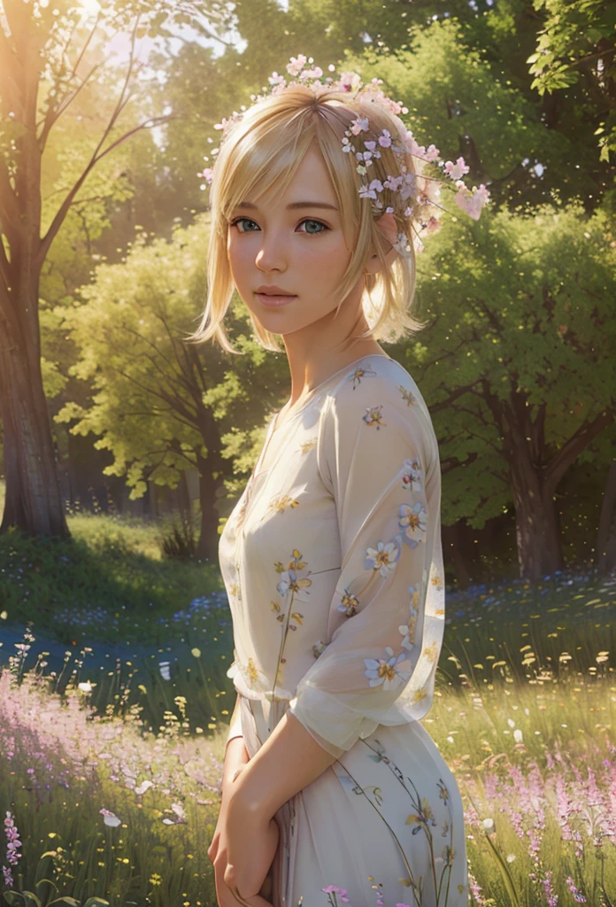 a beautiful girl with short blonde hair in a field of flowers, elegant mandala and fractal patterns in the background, soft bedsheets, ethereal fantasy atmosphere, (best quality,4k,8k,highres,masterpiece:1.2),ultra-detailed,(realistic,photorealistic,photo-realistic:1.37),intricate details,delicate colors,dramatic lighting,surreal landscape,dreamlike,magical
