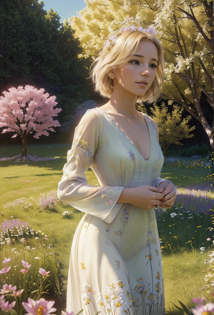 a beautiful girl with short blonde hair in a field of flowers, elegant mandala and fractal patterns in the background, soft bedsheets, ethereal fantasy atmosphere, (best quality,4k,8k,highres,masterpiece:1.2),ultra-detailed,(realistic,photorealistic,photo-realistic:1.37),intricate details,delicate colors,dramatic lighting,surreal landscape,dreamlike,magical
