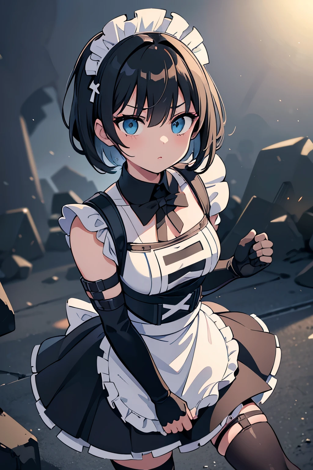 ((RAW Photo), absurd, (absurdresolution)), masterpiece, best quality, (Extremely detailed 8k unity CG wallpaper), (best illustration), (best shadow), Realistic lighting, beautiful detailed glow, ((21 years old)), girl, (Anime style),high quality, 1girl, maid, Tactical maid, tactical outfit, stiff tactical vest, tactical gloves, tactical command, tactical accessories, center focus, short hair, hair movement, target-focused attitude, coldness expression, detailed eyes, post-apocalyptic, dark, sinister, disturbing, threatening, gloomy, stormy, bright, vibrant, dynamic, energetic, vivid, saturated, exciting, dark sky from the embers of battle, attention to detail, serius face, tactical maid, black leather fingerless gloves, girl, maid dress, maid outfit, tactical leg straps, tactical, looking at viewer, (((tactical chest protector))), tactical straps, tactical harness, tactical light vest, two-tone hair, tactical protections, (((tactical bib))), cloudy, diffuse and dreamlike ethereal lighting, dramatic lighting, dramatic shadows, medium shot, waist and torso plane, tilt shift photography, motion blur, fast motion capture, black queen, accessories, apple in hand, poisoned apples, witch queen, red lipstick,