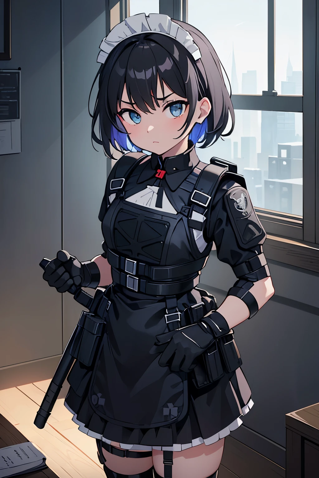 ((RAW Photo), absurd, (absurdresolution)), masterpiece, best quality, (Extremely detailed 8k unity CG wallpaper), (best illustration), (best shadow), Realistic lighting, beautiful detailed glow, ((21 years old)), girl, (Anime style),high quality, 1girl, maid, Tactical maid, tactical outfit, stiff tactical vest, tactical gloves, tactical command, tactical accessories, center focus, short hair, hair movement, target-focused attitude, coldness expression, detailed eyes, post-apocalyptic, dark, sinister, disturbing, threatening, gloomy, stormy, bright, vibrant, dynamic, energetic, vivid, saturated, exciting, dark sky from the embers of battle, attention to detail, serius face, tactical maid, black leather fingerless gloves, girl, maid dress, maid outfit, tactical leg straps, tactical, looking at viewer, (((tactical chest protector))), tactical straps, tactical harness, tactical light vest, two-tone hair, tactical protections, (((tactical bib))), cloudy, diffuse and dreamlike ethereal lighting, dramatic lighting, dramatic shadows, medium shot, waist and torso plane, tilt shift photography, motion blur, fast motion capture, black queen, accessories, apple in hand, poisoned apples, witch queen, red lipstick,