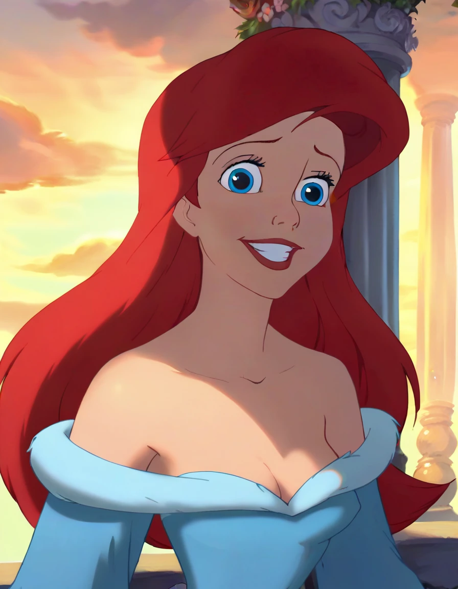 score_9, score_8_up, score_8, volumetric lighting,
ariel, red hair, 1girl, solo, looking at viewer, blue eyes, front view, strapless, a white ruffle off the shoulder dress, long dress, 1girl, solo, smile, blue skies, columns, looking at viewers, upper body
