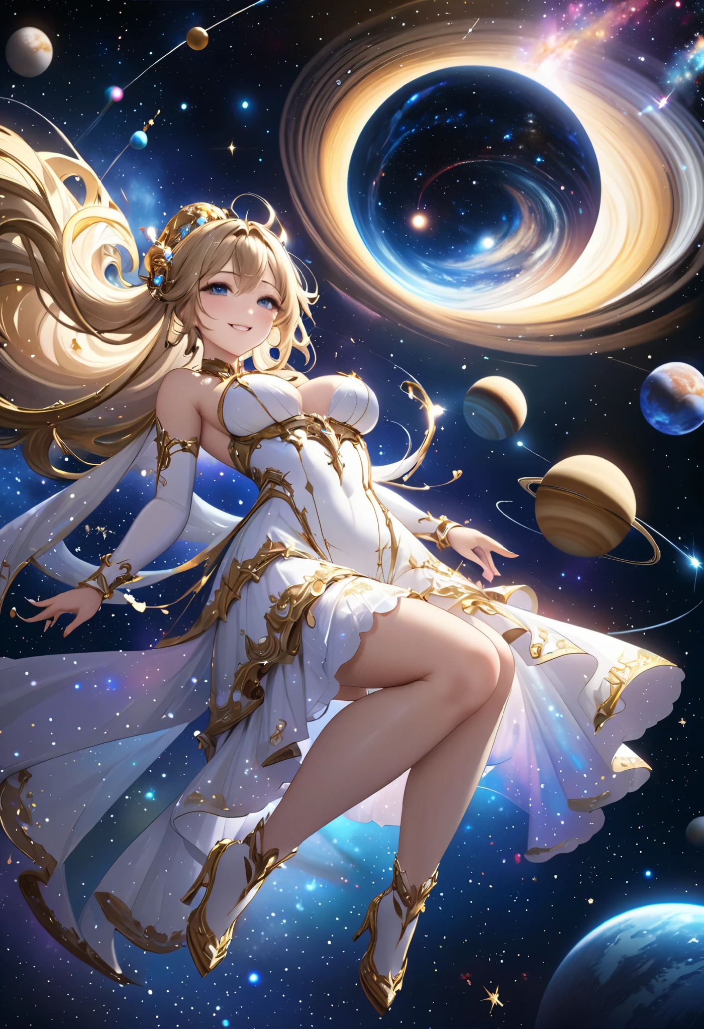 masterpiece, 最 High Quality ,  High Quality , 8k,  depth of field,  Very detailed,  complicated,  high detail, universe, space, milky way, star, 惑star, Celestial Bodies, solar system, universe線, 超新star, Deep space,  the most beautiful goddess hanging down,   look at me and smile, One person,  detailed illustration art ,    