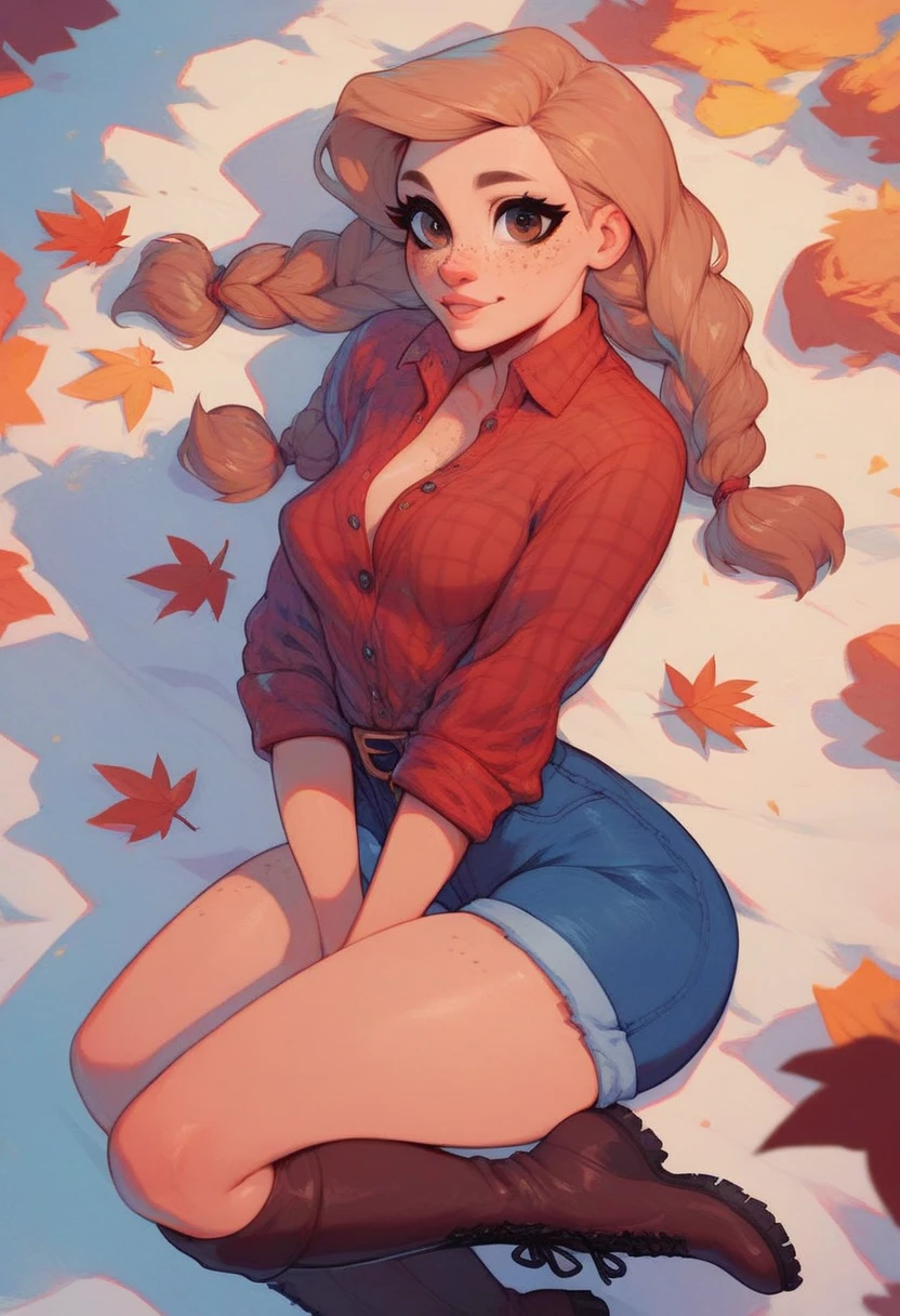 Cute woman, light brown hair, hair in braids, freckles, brown eyes, wearing a flannel shirt, shirt open, cutoff shorts, boots, perky breasts, wide hips, autumn setting