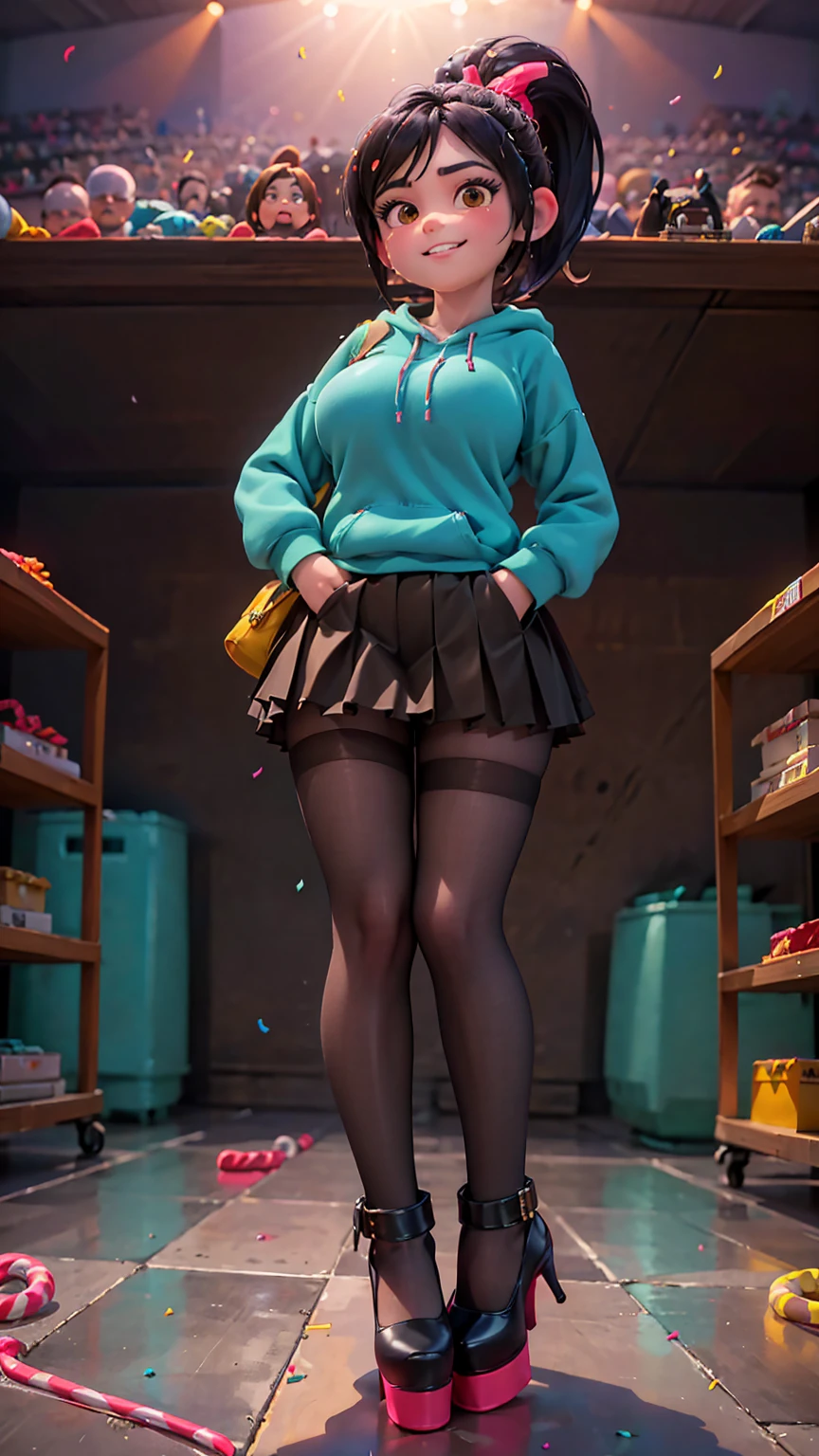 [Wreck_It_Ralph_Movie], ((masterpiece)), ((high quality)), ((HD)), ((beautiful portrait)), ((front view)), ((full body)), ((feet visible, open-toed tall platform high heels, platform high heels)), ((beautiful background)), {vanellope von schweetz, black hair, red scrunchy, short ponytail, (candy in hair:1.2), (cute half-closed brown eyes), adult woman, beautiful legs, curvy hips, large breasts, smug smirk, white teeth}, {(aqua sweatshirt), (brown tuffled skirt), (aqua striped pantyhose)}, {(standing on raceway), (hands in pockets), (looking at viewer)}, [Background: (racetrack), (confetti), (blue sky), (bright sun), (sun rays)]