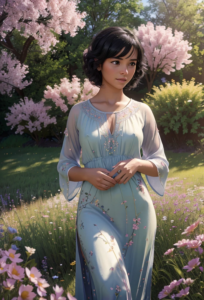 a beautiful black hair girl with short blonde hair in a field of flowers, elegant mandala and fractal patterns in the background, soft bedsheets, ethereal fantasy atmosphere, (best quality,4k,8k,highres,masterpiece:1.2),ultra-detailed,(realistic,photorealistic,photo-realistic:1.37),intricate details,delicate colors,dramatic lighting,surreal landscape,dreamlike,magical
