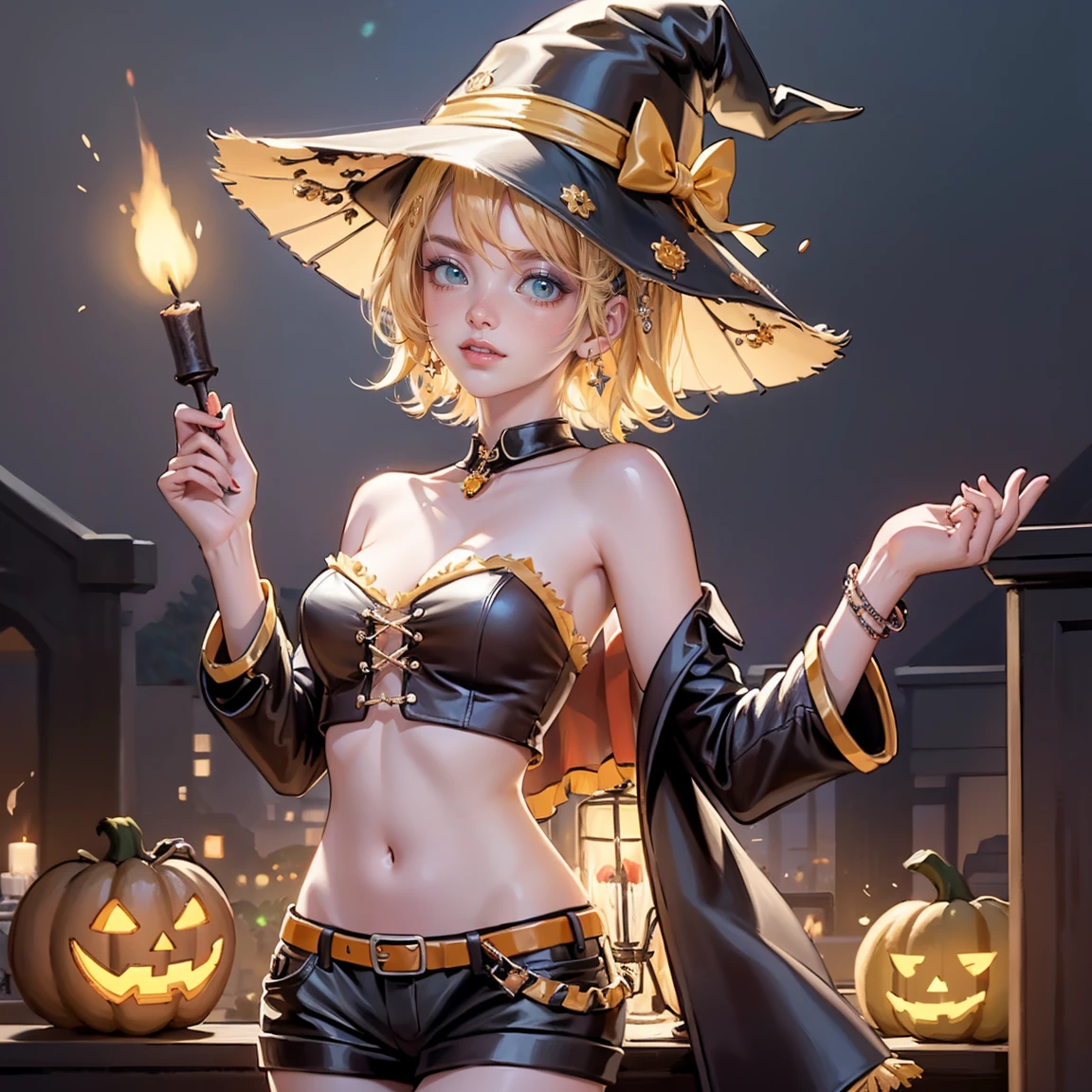 1girl, dress, jewelry, blonde hair, glow hair, flowing hair, ahoge, armpits, witch hat, witch costume, bare shoulders, glow eyes, witch costume for Halloween, Halloween theme, chest sarashi, claw pose, tassel, collarbone, cowboy shot, cute ghost, hair between eyes, hair intakes, halloween, halloween costume, huge ahoge, short hair, looking at viewer, midriff, multicolored hair, witch dress, witch hat on her head, smile, solo, stomach, strapless, streaked hair, thigh gap, thighs, tube top, hair clips, pumpkin lantern, candle, cemetery scenery 