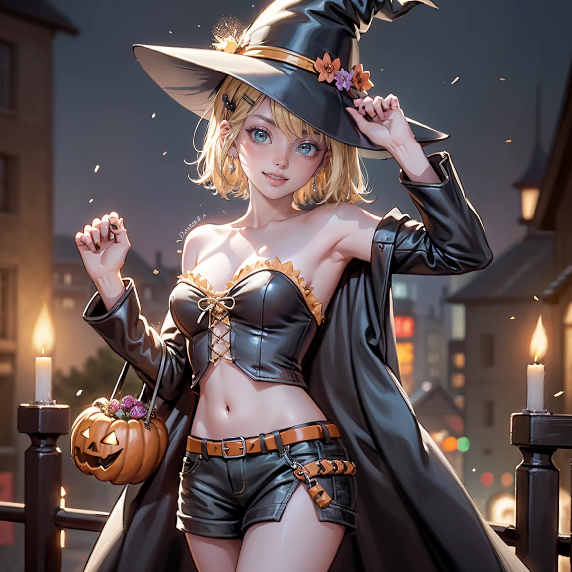 1girl, dress, jewelry, blonde hair, glow hair, flowing hair, ahoge, armpits, witch hat, witch costume, bare shoulders, glow eyes, witch costume for Halloween, Halloween theme, chest sarashi, claw pose, tassel, collarbone, cowboy shot, cute ghost, hair between eyes, hair intakes, halloween, halloween costume, huge ahoge, short hair, looking at viewer, midriff, multicolored hair, witch dress, witch hat on her head, smile, solo, stomach, strapless, streaked hair, thigh gap, thighs, tube top, hair clips, pumpkin lantern, candle, cemetery scenery 