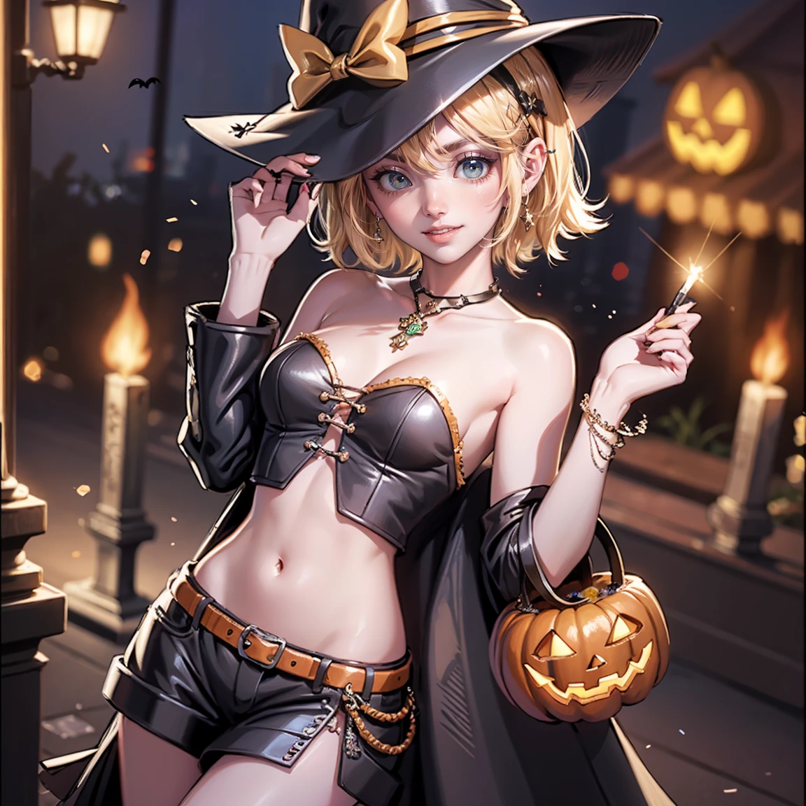 1girl, dress, jewelry, blonde hair, glow hair, flowing hair, ahoge, armpits, witch hat, witch costume, bare shoulders, glow eyes, witch costume for Halloween, Halloween theme, chest sarashi, claw pose, tassel, collarbone, cowboy shot, cute ghost, hair between eyes, hair intakes, halloween, halloween costume, huge ahoge, short hair, looking at viewer, midriff, multicolored hair, witch dress, witch hat on her head, smile, solo, stomach, strapless, streaked hair, thigh gap, thighs, tube top, hair clips, pumpkin lantern, candle, cemetery scenery 