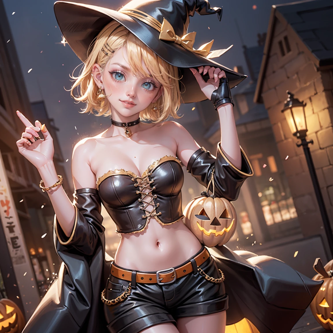 1girl, dress, jewelry, blonde hair, glow hair, flowing hair, ahoge, armpits, witch hat, witch costume, bare shoulders, glow eyes, witch costume for Halloween, Halloween theme, chest sarashi, claw pose, tassel, collarbone, cowboy shot, cute ghost, hair between eyes, hair intakes, halloween, halloween costume, huge ahoge, short hair, looking at viewer, midriff, multicolored hair, witch dress, witch hat on her head, smile, solo, stomach, strapless, streaked hair, thigh gap, thighs, tube top, hair clips, pumpkin lantern, candle, cemetery scenery 