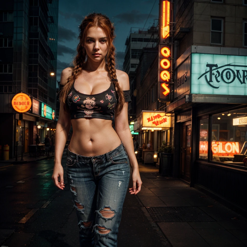 25-year-old ,girl with long red hair, wears a The pattern consists of intersecting lines in various colors, creating a checkered design.
Her wide pants are comfortable and slightly baggy, allowing freedom of movement. They reach down to her ankles.
She completes the look with sturdy sneakers that have a worn-in appearance.
Location:
You find her in a dimly lit alleyway tucked away from the bustling city streets.
The walls of the alley are covered in graffiti, a vibrant mix of colors and styles. Some depict abstract shapes, while others convey messages or symbols.
Flickering streetlights cast uneven shadows, creating an atmosphere of mystery and intrigue
plaid shirt, black bra, panties sticking out of the pants