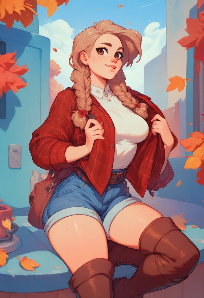 Cute woman, light brown hair, hair in braids, freckles, brown eyes, wearing a flannel shirt, shirt open, cutoff shorts, boots, large perky breasts, wide hips, autumn setting