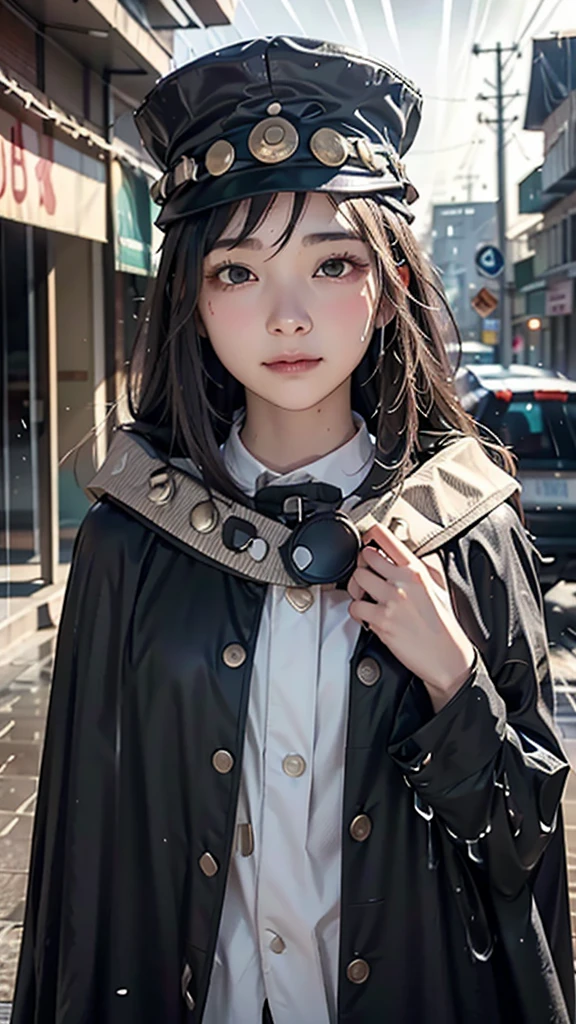 ( High Quality:1.3)、 (Realistic)、( Photo Real)、In the dim city、( beautiful face)、(Heavy rain:1.37)、(In an empty city)、(I can see big raindrops)、(Raindrop effect:1.5)、、(Wear a brimless tubular hat:1.3)、( a haze like a shadow wearing a cloak))、Despair and loneliness、The only person in the world、Beautiful Beautiful Girl with a Strange Atmosphere 、Irregular streetscape、 absurd、 Warped World 、(A haze like a shadow wearing a 、 looking up at the sky )、(Black clothing)、( An attractive hairstyle with long black hair styled in a slightly messy way)