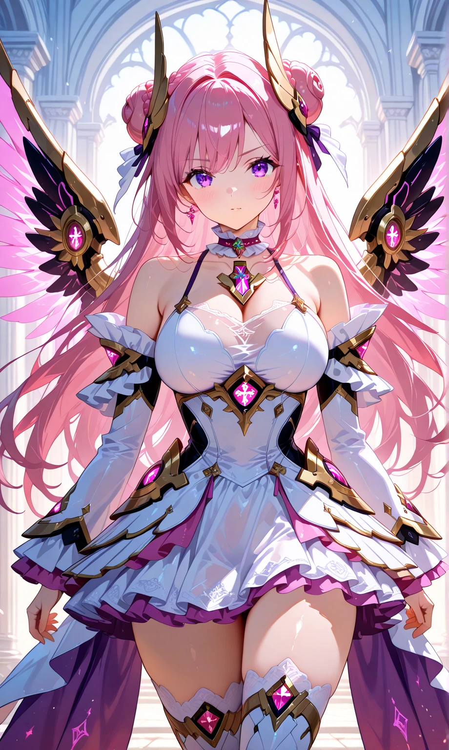 1girl,solo, dorothyalt, pink hair, long hair, hair bun, braid, purple eyes, headgear, hair ribbon, hair ornament, chest jewel, see-through, large breasts, white dress, frilled choker, frills, detached sleeves, thighhighs, mechnical wings,aesthetic, masterpiece, high quality, 4K UHD,absurdres