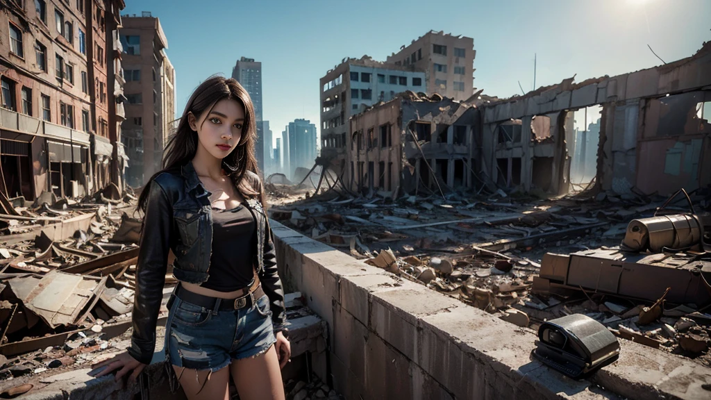 masterpiece, high resolution ,8K,(Portrait Photos:1.5),(R Original Photo),Reality,Digital Photography,(Apocalyptic ruins ),City ruins，beautiful 20 year old woman，sentry， post-apocalyptic scene，Medium distance photography， torn clothes 