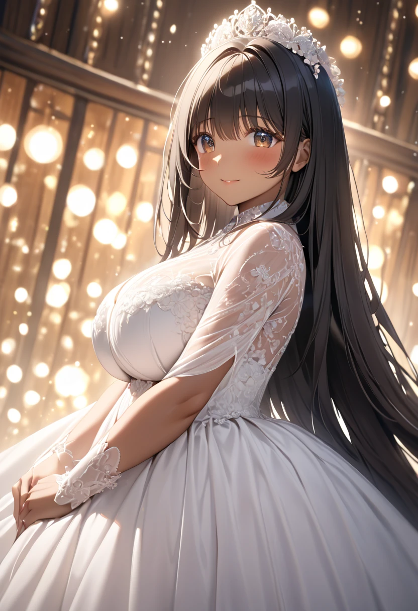 1girl, solo, FHD, Super Detail, top-quality, Very delicate, (upper body), cinematic lighting, ultra detailed, FHD, Super Detail, top-quality, Very delicate, Facing the lens, side view ,masterpiece, best quality, Kawaii pose, dynamic angle, incredibly absurdres, high detail eyes, droopy eyes, cute eyes, shy smile, full body, cute face, from right, turn to the side, noir, dark skin, huge breasts, wide hips, narrow waist, thick thighs, black hair, very long hair, wedding dress, wedding vail,  polish nails, perfect hands, white high heels, bokeh, wedding hall illumination, light, neon sign