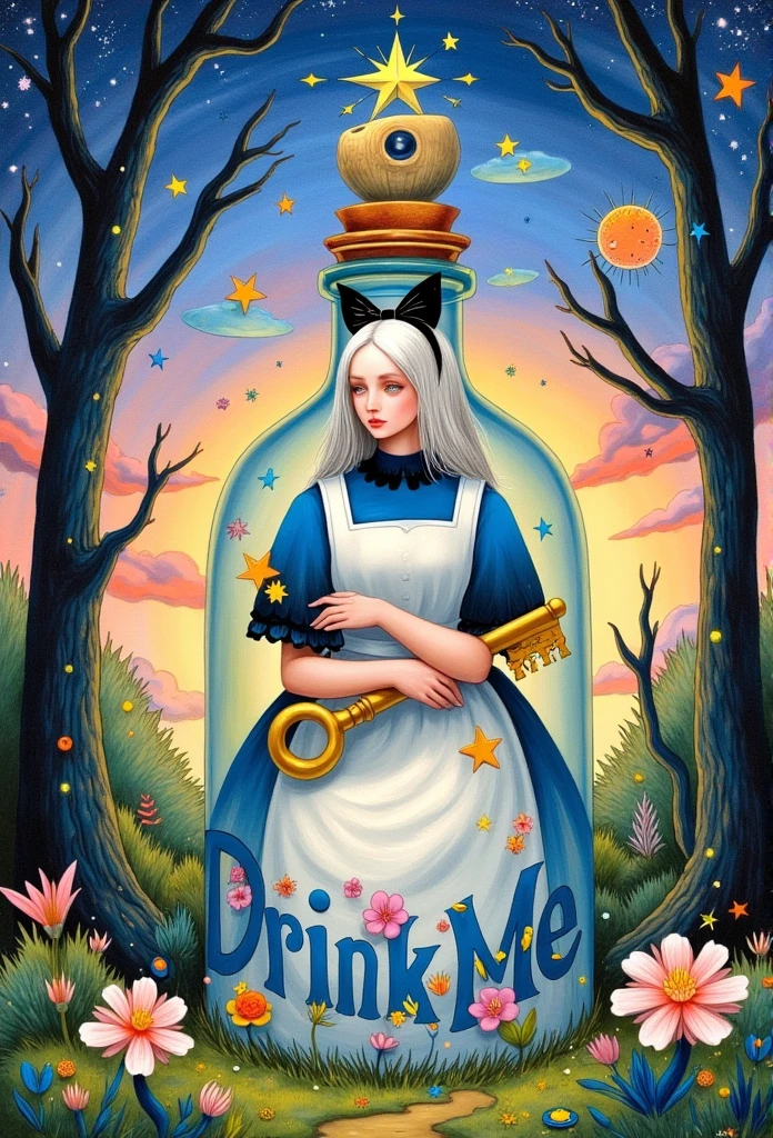    A young beautiful woman — Alice in Wonderland is sitting inside at the bottom of a large bottle with the inscription drink me, she holds a giant golden key in her hands ,  around a magical forest and sunset ,  jewelry , Compose             , Painting \(medium\),   white hair with a black bow ,  she is wearing a blue dress with a white apron ,      A star             \(sky\),             A star             \(symbol\),     watercolor \(medium\),  with a magic forest in the background 