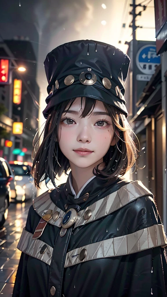 ( High Quality:1.3)、 (Realistic)、( Photo Real)、In the dim city、( beautiful face)、(Heavy rain:1.37)、(In an empty city)、(I can see big raindrops)、(Raindrop effect:1.5)、、(Wear a brimless tubular hat:1.3)、( a haze like a shadow wearing a cloak))、Despair and loneliness、The only person in the world、Beautiful Beautiful Girl with a Strange Atmosphere 、Irregular streetscape、 absurd、 Warped World 、(A haze like a shadow wearing a 、 looking up at the sky )、(Black clothing)、( An attractive hairstyle with long black hair styled in a slightly messy way)、(Strange smiles with asymmetrical sides)