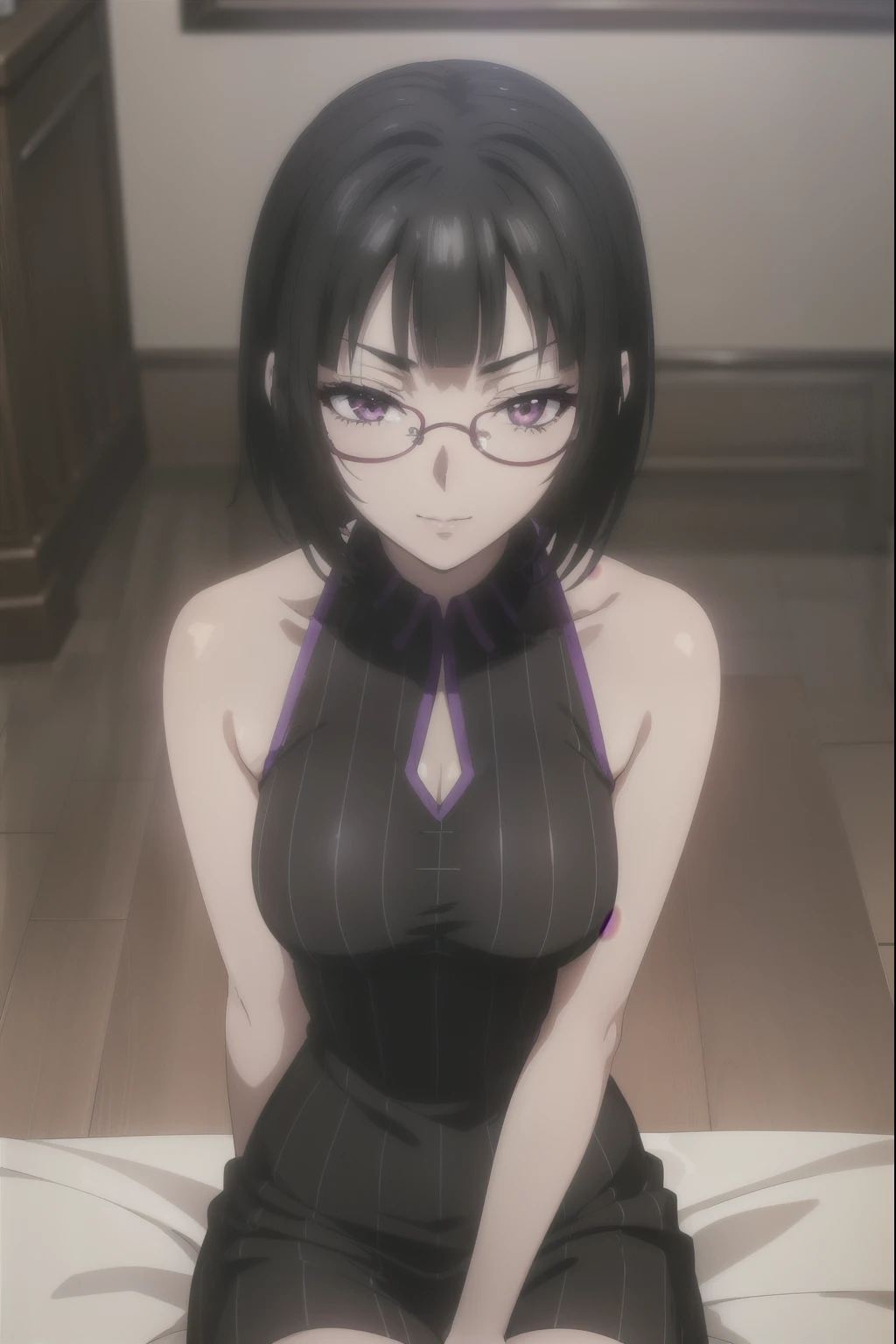 sounasitri, souna sitri,  short hair,  black hair ,  hair ornament , glasses, hairclip, blows, blunt blows, ( purple eyes:1.1),
( masterpiece:1.2),  The best quality,  High resolution, 8K Wallpaper, ( illustration:0.8), ( detailed and beautiful eyes :1.6), Extremely detailed face,  Perfect lighting ,  extremely detailed CG , (manos perfectas,  perfect anatomy),  masterpiece ,  The best quality, highres, aajusticia , long hair,  black hair,  dark skin, tan,  bare shoulders ,  black dress,  session,  crossed legs , smile irónica, smile, inside