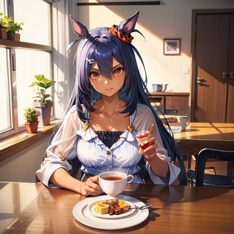 1girl, hishi amazon \(umamusume\), united kingdom, morning, london. english breakfast, tea, english breakfast tea, sip, drinking, taking a sip, absurdres, highres, best quality, masterpiece, high quality