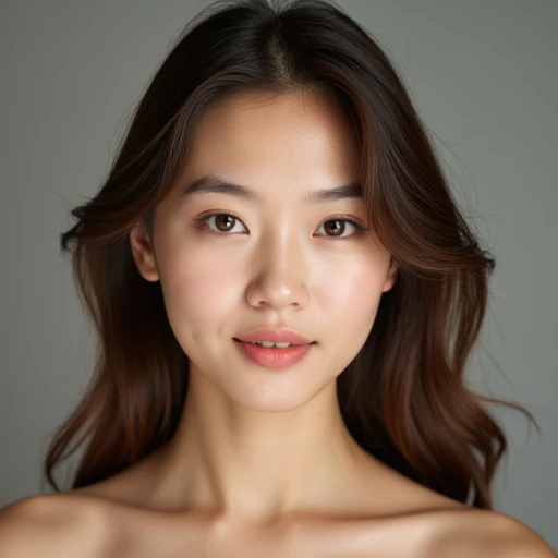 Create a (( mid-shot )) photorealistic image of a beautiful Asian woman with fair, smooth, flawless skin. She has large, round, sparkling eyes with naturally long and curled eyelashes, and well-defined, dark eyebrows. Her nose is straight and high, and her naturally pink, soft lips form a gentle smile. She has short, slightly curled brown hair that highlights her delicate facial features. Her face is oval-shaped, with a wide and high forehead, moderately high cheekbones, and a pointed, slender chin. She is wearing white underwear . (( waist to top))
