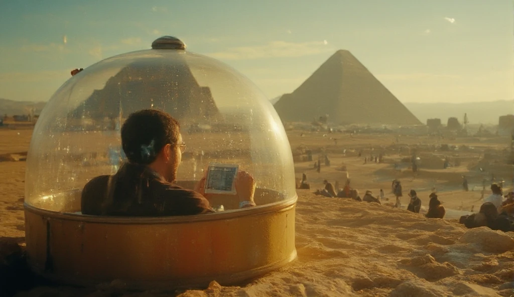 ((masterpiece)) ((photography)) ((Highest quality)) A hyper-realistic illustration of a bearded man wearing glasses, slightly overweight, sitting inside a futuristic time capsule with a high-tech design, glowing control panels, and a transparent dome offering a view of the outside world. The time capsule is positioned in the middle of an ancient Egyptian landscape during the construction of the pyramids, with workers, ramps, and blocks of stone being moved. The man looks amazed and curious, observing the scene while holding a holographic tablet displaying historical data. The environment combines ancient and futuristic elements, emphasizing the contrast between the eras.