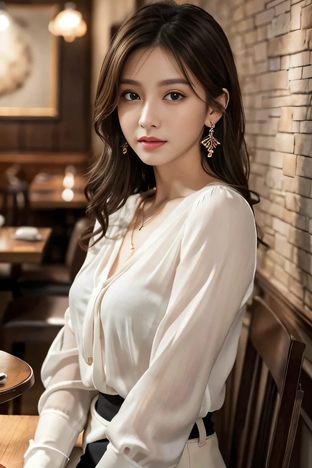masterpiece, highest quality, Realistic, Very detailed, Finer details, High resolution, 8k wallpaper, One beautiful woman, Wear an elegant see-through black blouse, In a great restaurant, At night, Light brown messy hair, Perfect dynamic composition, Beautiful and beautiful eyes、Big earrings, Sitting in a chair, Randam body orientation,
