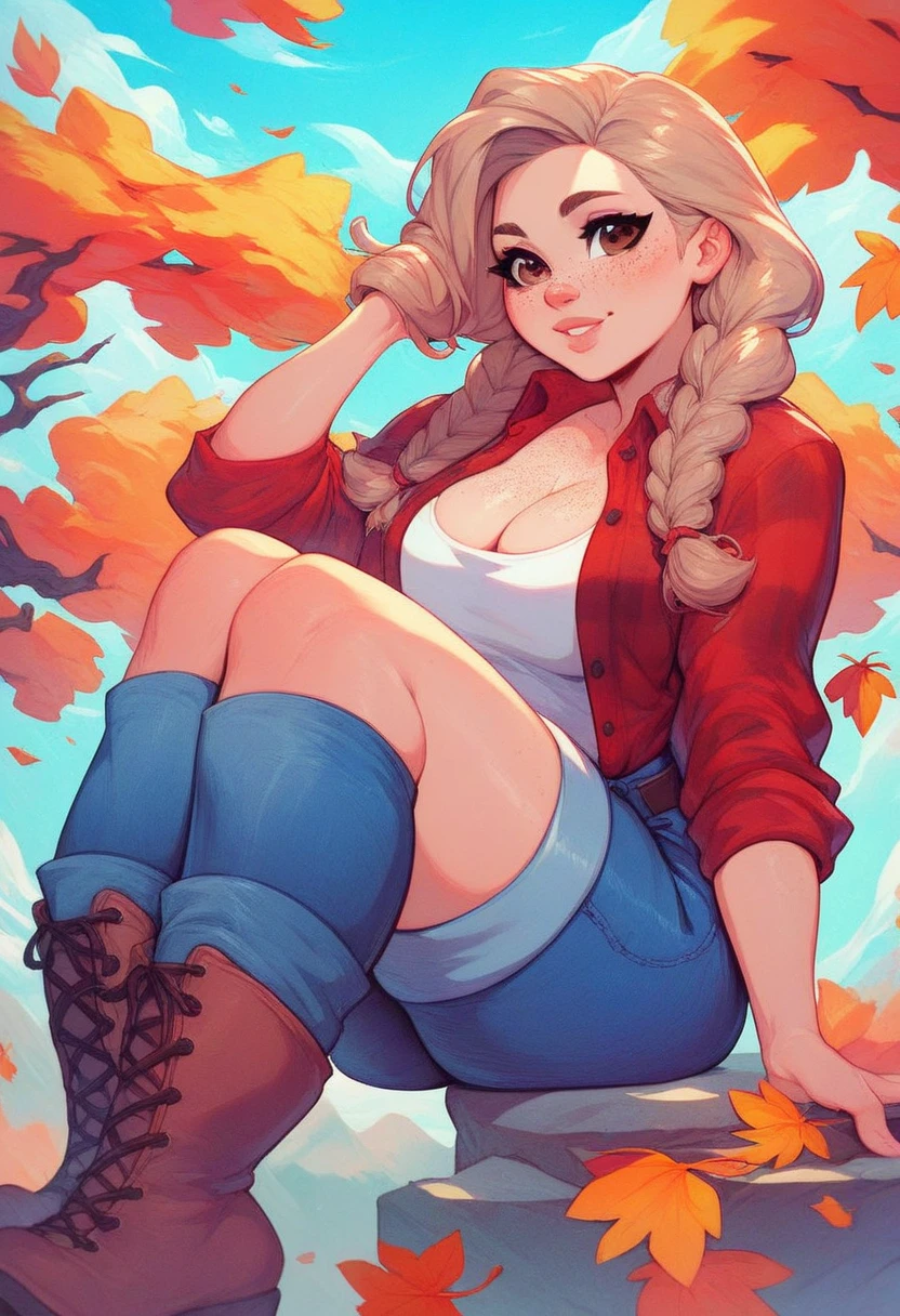 Cute woman, light brown hair, hair in braids, freckles, brown eyes, wearing a flannel shirt, shirt open, cutoff shorts, boots, large perky breasts, cleavage, big butt, wide hips, autumn setting