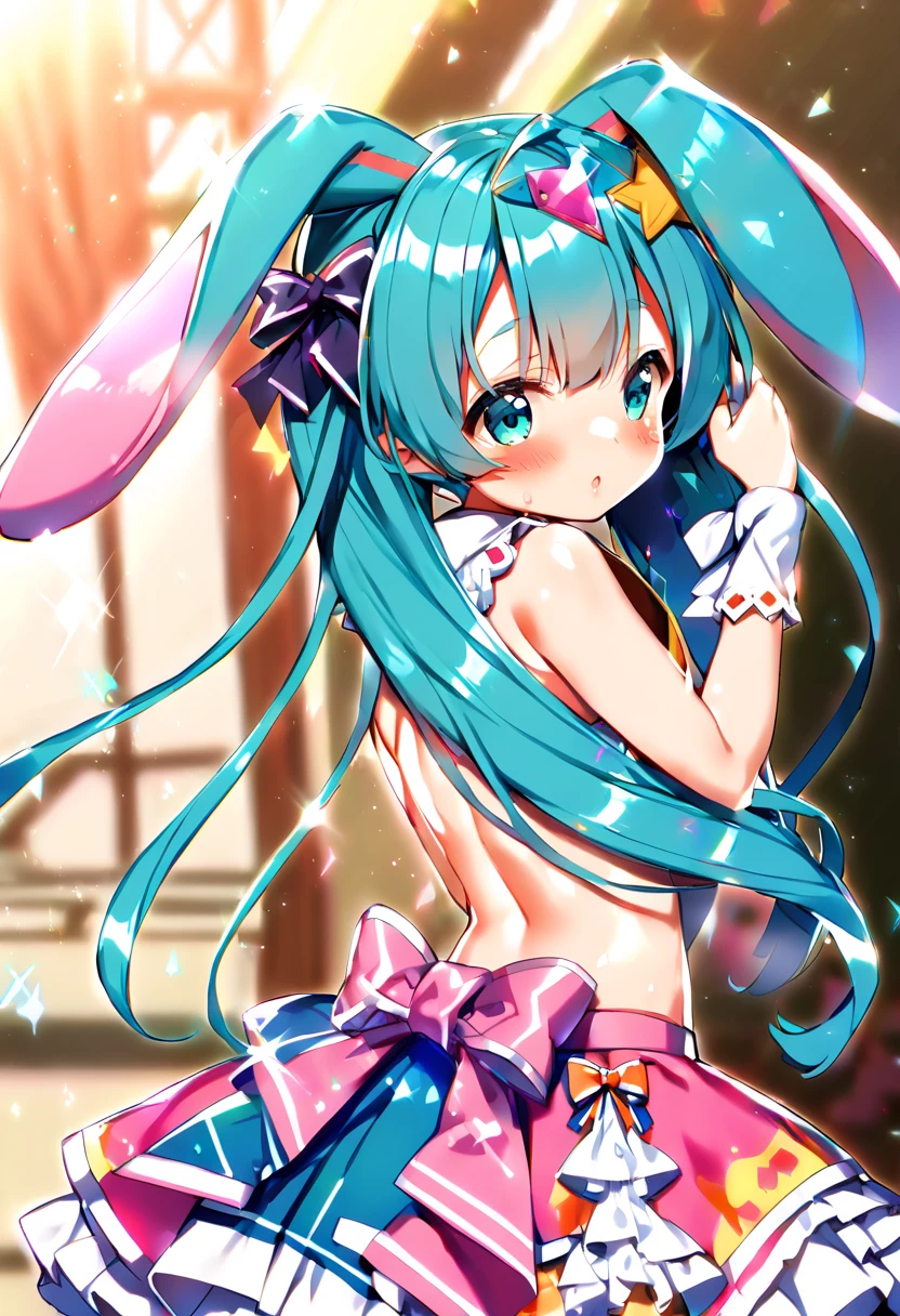 (hatsune miku:1.2), (virgin killer magical Idol costumes:1.4), (lop-ears rabbit:1.4), (blush:1.4), (gleaming skin, shiny skin:1.4), (from behind:1.4), (cowboy shot:1.4), 