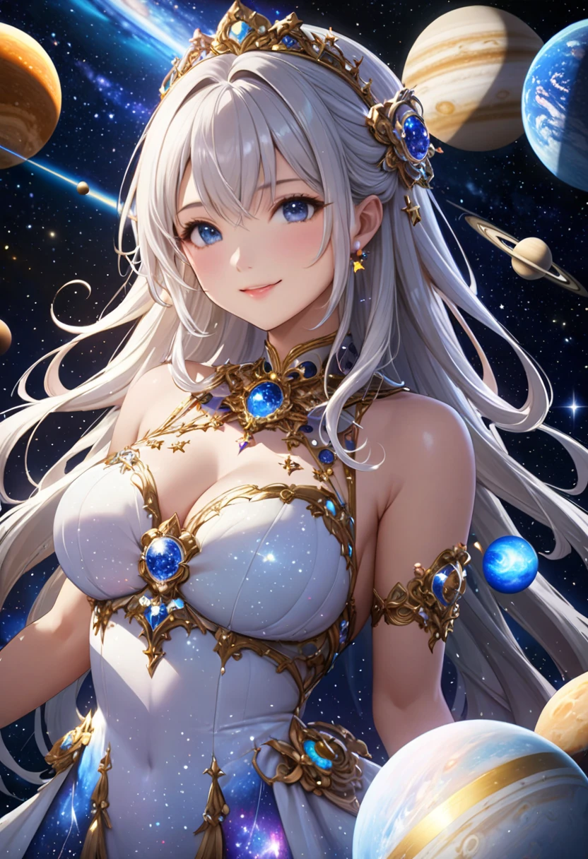 masterpiece, 最 High Quality ,  High Quality , 8k,  depth of field,  Very detailed,  complicated,  high detail, universe, space, milky way, star, 惑star, Celestial Bodies, solar system, universe線, 超新star, Deep space, The most beautiful goddess,   standing,  look at me and smile, One person,  detailed illustration art ,    