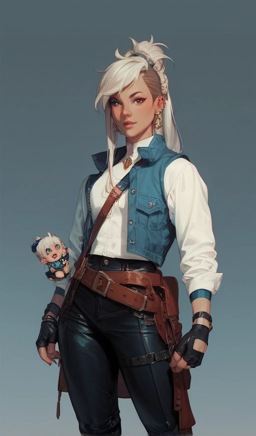 score_9, score_8_up, score_7_up, score_6_up, score_5_up, score_4_up, BREAK best aesthetic, artstation, solo, 1girl, Asian female, cowgirl outfit, cleavage, white shirt, brown pants, tattoos, bob cut, white hair, black lipstick, lovely, masterpiece.