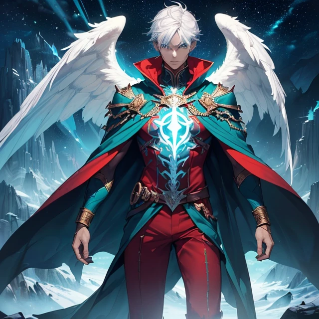 Masterpiece, HD, high resolution, high quality, best quality, super detailed. Solo character alone. Dark Fantasy art.
{{(An angelic-male-being:(appearance: blue-colored-blue-alien-skin. White-hair. 3-glowing-eyes. Emotionless face. Emotionless personality. Arrogant and confident demeanor. Tall male complexion. he stands 3,00-meters-tall. He is floating over the peak of the realm.),(he wears: a homelander-like skin-suit. Red pants and boots. Green-spandex-shirt. Blue-cloak.),(scenery: mountain-peak. White-sky. Grey and golden realm.))}}