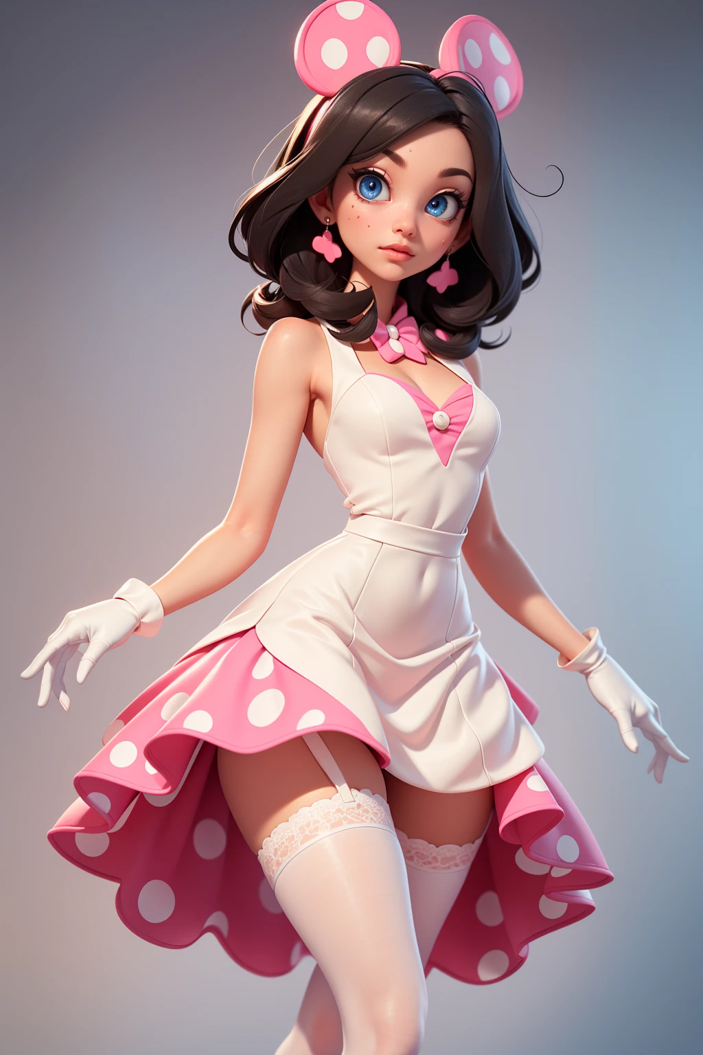 Minnie mouse standing, sexy beautiful face, doe shape eyes, full lips. slim body, breathtaking beauty, vibrant, comprehensive cinematic, 8k, cinematic lighting, best quality, 4k, perfect body, perfect long legs, (white stockings), ((pink short dress) with white polka dots), tiny body, slim body, tiny waist, long black hair